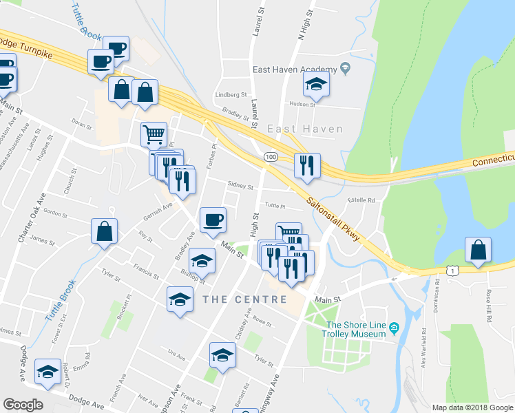 map of restaurants, bars, coffee shops, grocery stores, and more near 71 High Street in East Haven