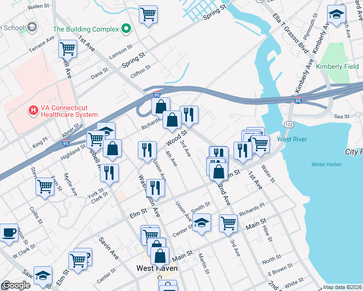 map of restaurants, bars, coffee shops, grocery stores, and more near 714 3rd Avenue in West Haven