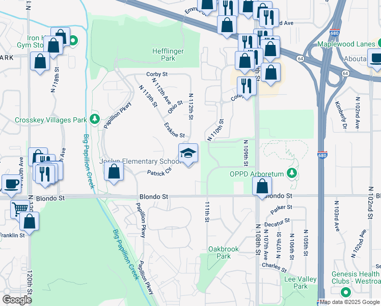 map of restaurants, bars, coffee shops, grocery stores, and more near 11220 Blondo Street in Omaha
