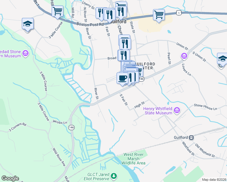 map of restaurants, bars, coffee shops, grocery stores, and more near 54 Water Street in Guilford