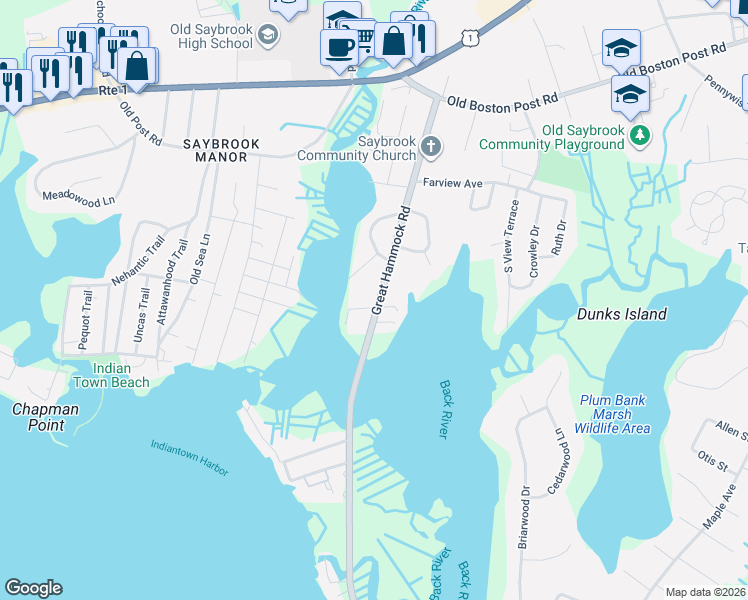 map of restaurants, bars, coffee shops, grocery stores, and more near 6 Bayview Road in Old Saybrook