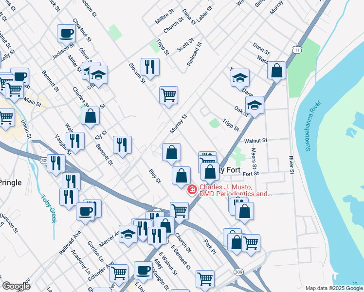 map of restaurants, bars, coffee shops, grocery stores, and more near 104 Slocum Street in Forty Fort