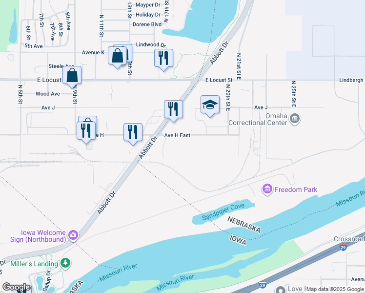 map of restaurants, bars, coffee shops, grocery stores, and more near 1717 Avenue H East in Omaha