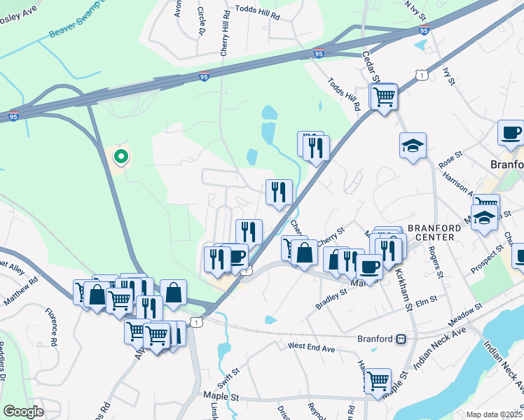 map of restaurants, bars, coffee shops, grocery stores, and more near 3 Sundance Drive in Branford