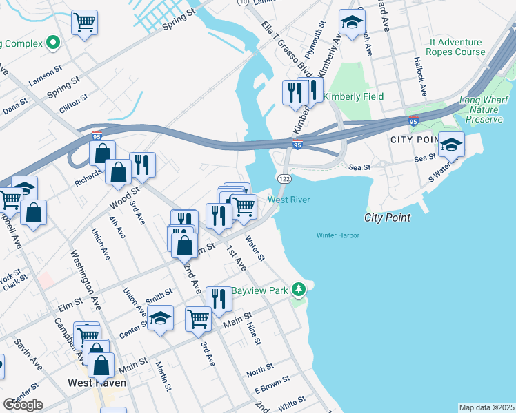 map of restaurants, bars, coffee shops, grocery stores, and more near 31 Elm Street in West Haven