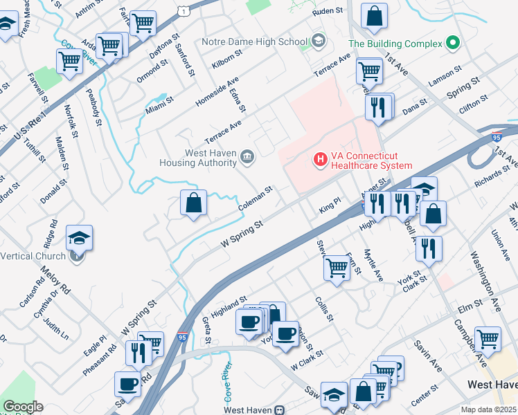 map of restaurants, bars, coffee shops, grocery stores, and more near 5 West Spring Street in West Haven
