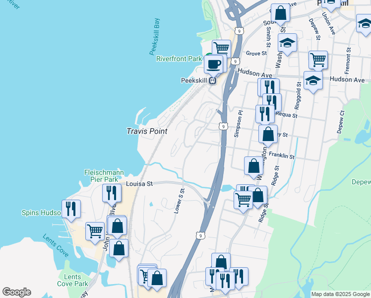 map of restaurants, bars, coffee shops, grocery stores, and more near 136 South Street in Peekskill