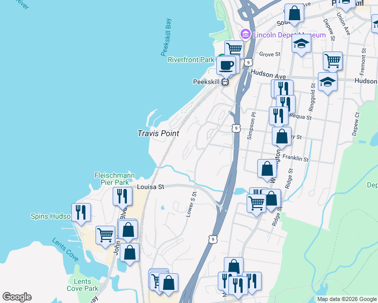 map of restaurants, bars, coffee shops, grocery stores, and more near 136 South Street in Peekskill