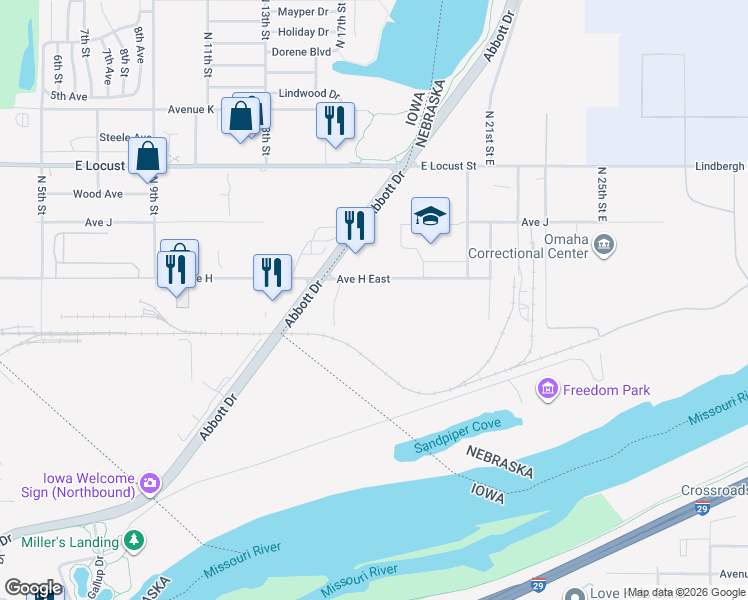 map of restaurants, bars, coffee shops, grocery stores, and more near 1717 Avenue H East in Omaha