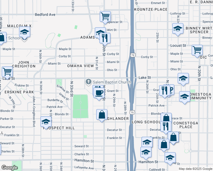 map of restaurants, bars, coffee shops, grocery stores, and more near in Omaha