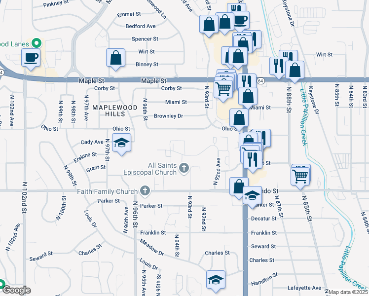 map of restaurants, bars, coffee shops, grocery stores, and more near 2420 N 93rd Ct in Omaha