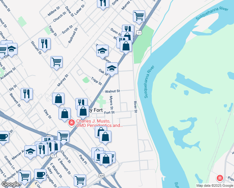 map of restaurants, bars, coffee shops, grocery stores, and more near 55 Walnut Street in Kingston