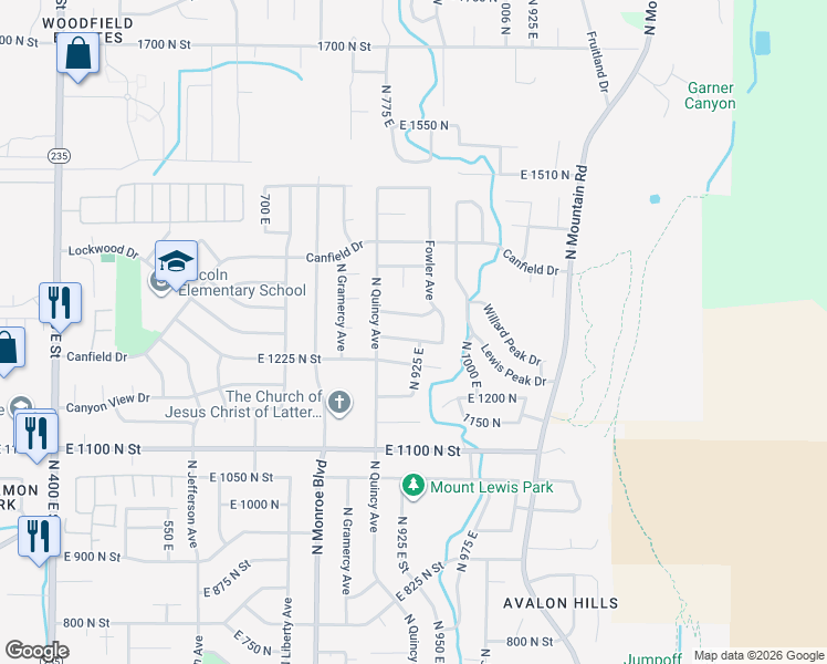 map of restaurants, bars, coffee shops, grocery stores, and more near 918 East 1275 North in Ogden