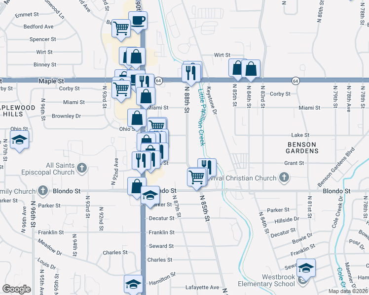 map of restaurants, bars, coffee shops, grocery stores, and more near 8814 Grant Street in Omaha