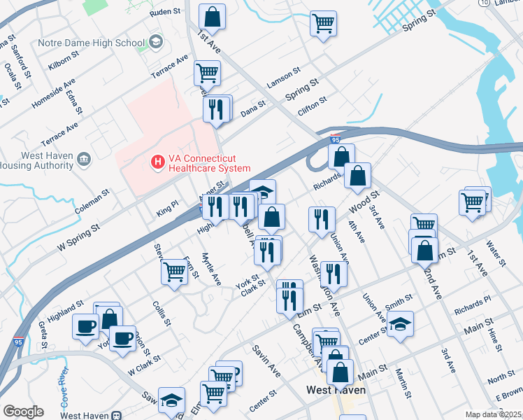 map of restaurants, bars, coffee shops, grocery stores, and more near 165 Richards Street in West Haven