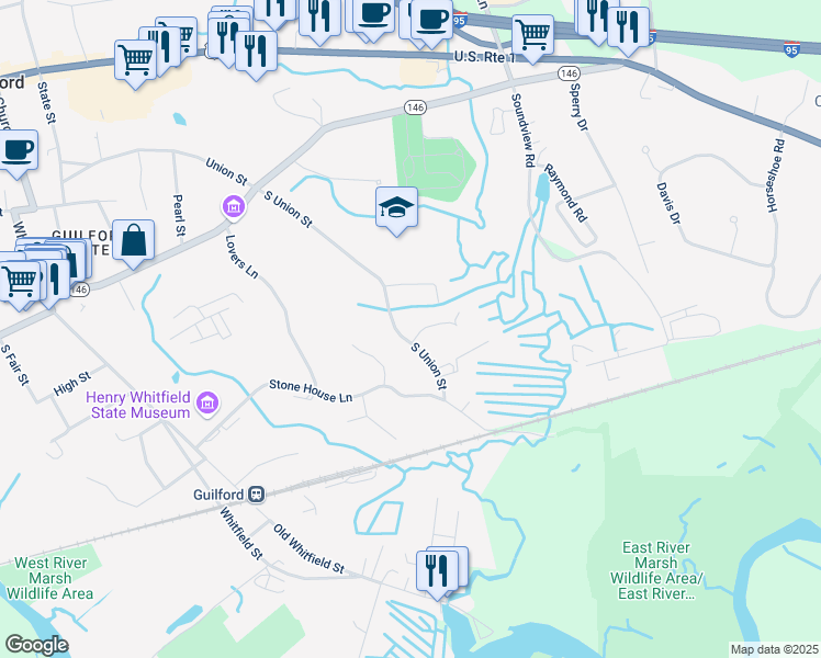 map of restaurants, bars, coffee shops, grocery stores, and more near 369 South Union Street in Guilford
