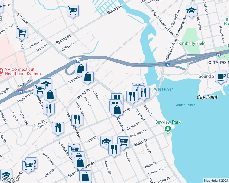 map of restaurants, bars, coffee shops, grocery stores, and more near 525 1st Avenue in West Haven