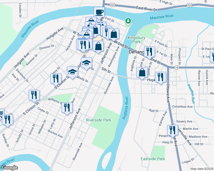 map of restaurants, bars, coffee shops, grocery stores, and more near 640 Riverside Avenue in Defiance