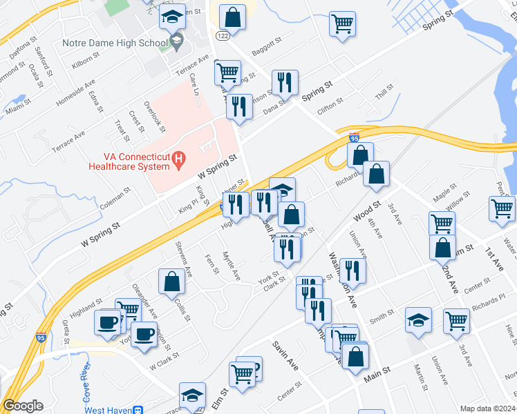 map of restaurants, bars, coffee shops, grocery stores, and more near 2 Highland Street in West Haven