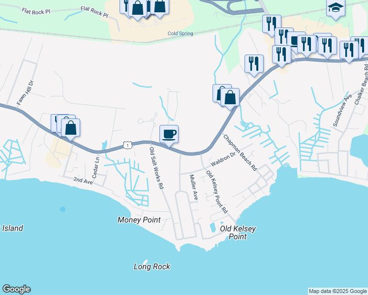 map of restaurants, bars, coffee shops, grocery stores, and more near 1874 Boston Post Road in Westbrook