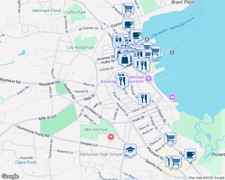 map of restaurants, bars, coffee shops, grocery stores, and more near 19 Pine Street in Nantucket