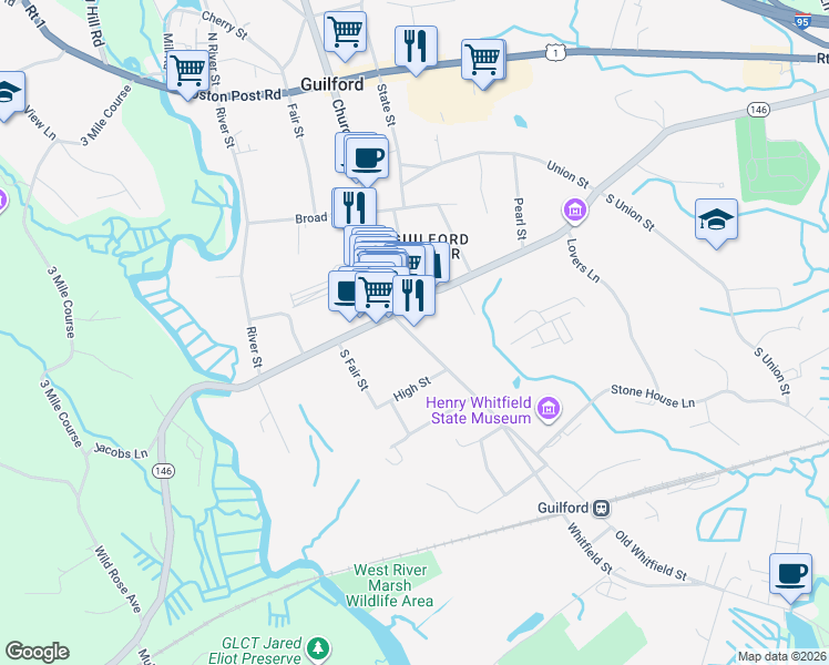 map of restaurants, bars, coffee shops, grocery stores, and more near 118 Whitfield Street in Guilford