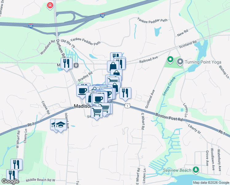 map of restaurants, bars, coffee shops, grocery stores, and more near 801 Boston Post Road in Madison