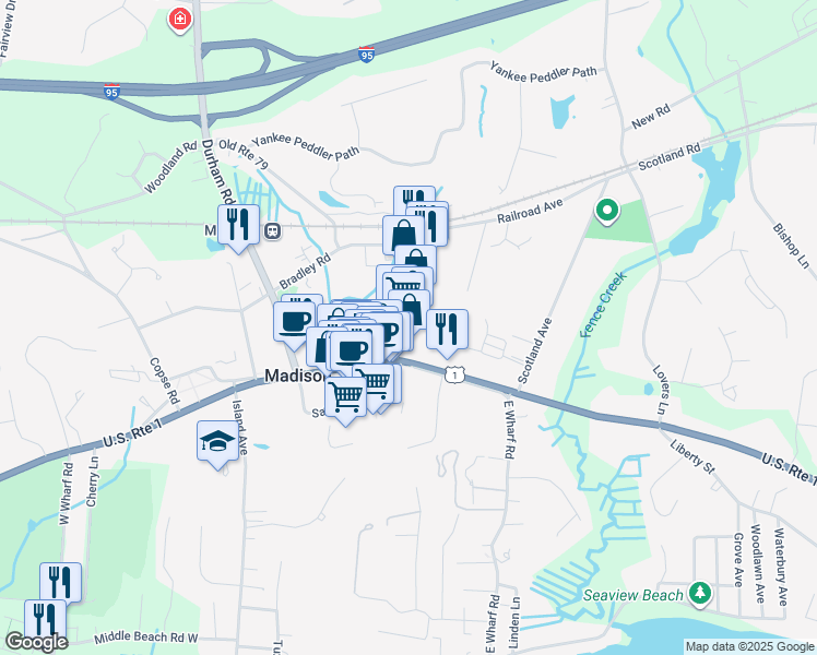 map of restaurants, bars, coffee shops, grocery stores, and more near 801 Boston Post Road in Madison