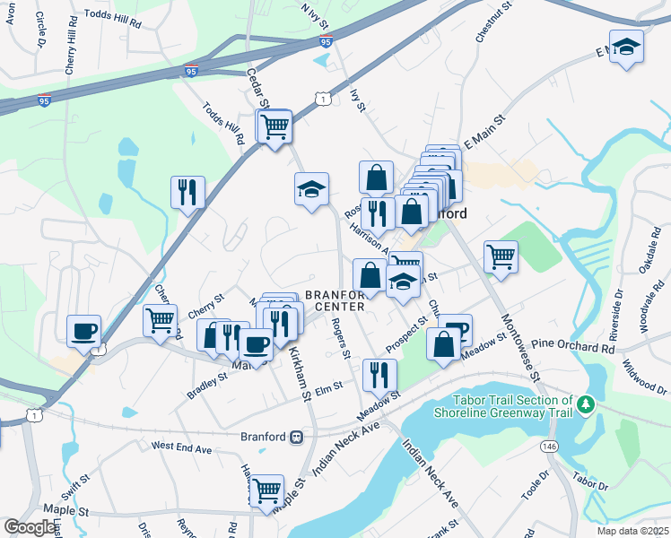 map of restaurants, bars, coffee shops, grocery stores, and more near 700 Main Street in Branford