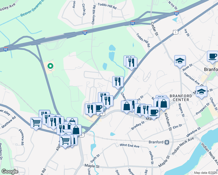 map of restaurants, bars, coffee shops, grocery stores, and more near 3 Sundance Drive in Branford