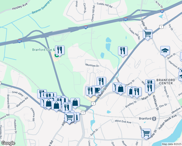 map of restaurants, bars, coffee shops, grocery stores, and more near 127 Montoya Drive in Branford