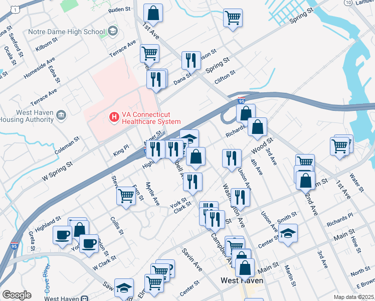 map of restaurants, bars, coffee shops, grocery stores, and more near 7 Bassett Court in West Haven