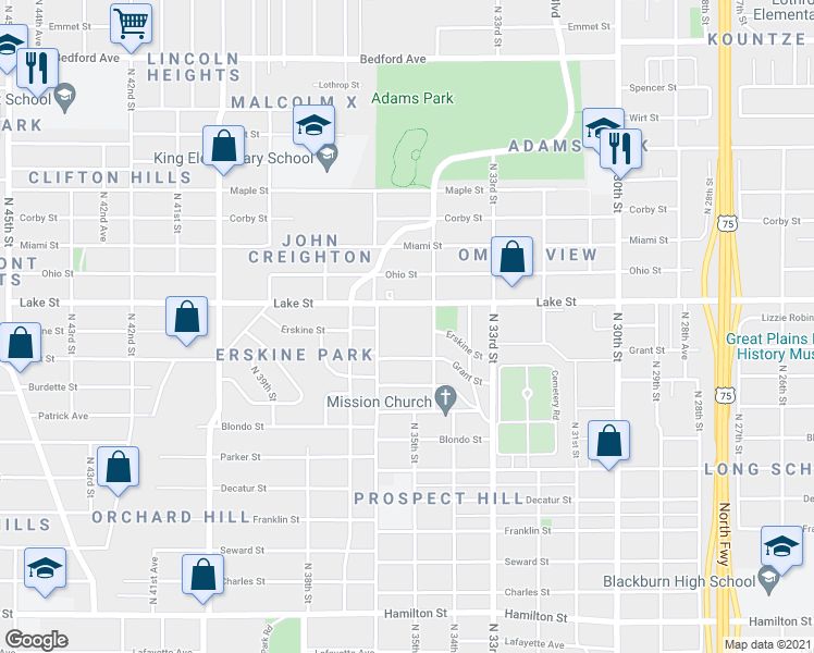 map of restaurants, bars, coffee shops, grocery stores, and more near 3484 Grant Street in Omaha