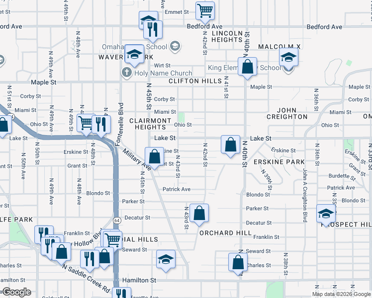 map of restaurants, bars, coffee shops, grocery stores, and more near 4240 Grant Street in Omaha