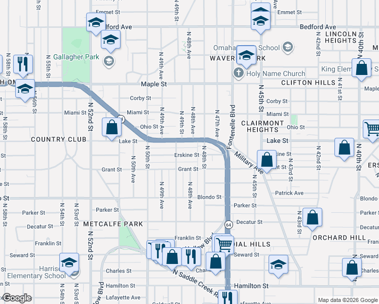 map of restaurants, bars, coffee shops, grocery stores, and more near 4822 Grant Street in Omaha