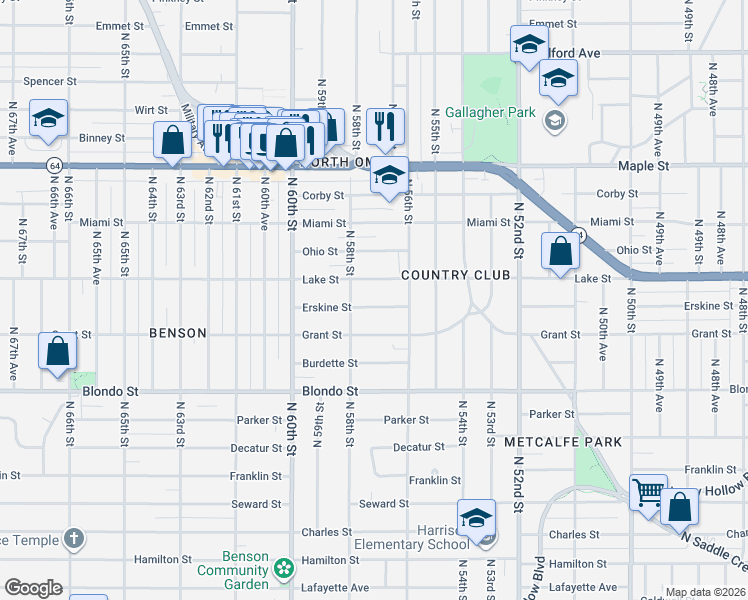 map of restaurants, bars, coffee shops, grocery stores, and more near 5640 Grant Street in Omaha