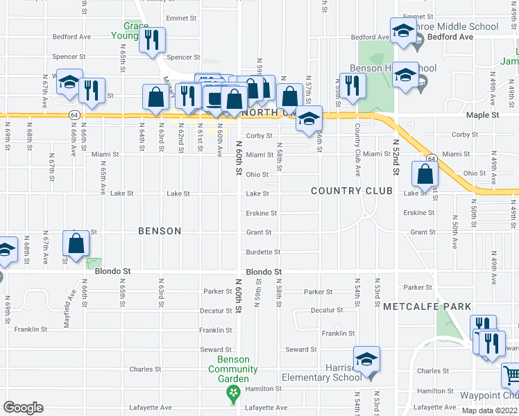 map of restaurants, bars, coffee shops, grocery stores, and more near 5820 Grant Street in Omaha