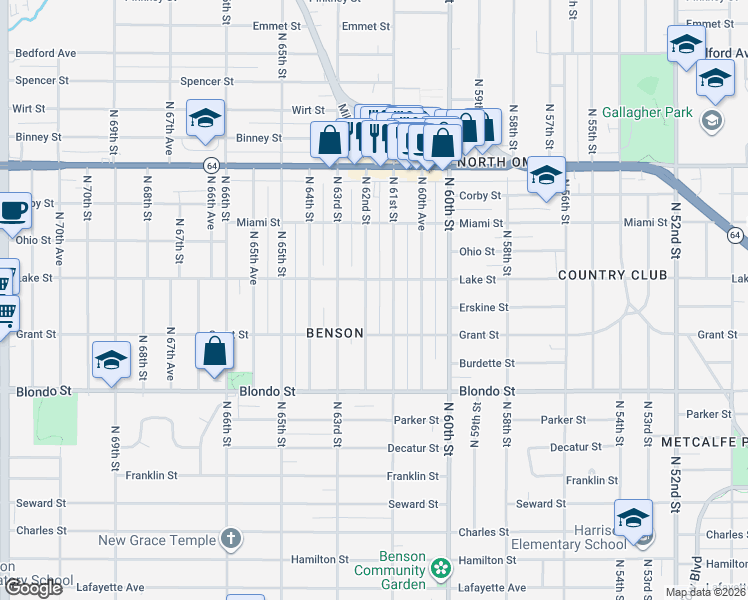 map of restaurants, bars, coffee shops, grocery stores, and more near 2312 North 61st Street in Omaha