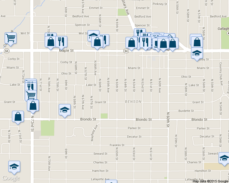 map of restaurants, bars, coffee shops, grocery stores, and more near 2312 North 65th Street in Omaha