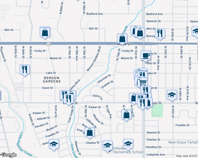 map of restaurants, bars, coffee shops, grocery stores, and more near 7636 Sherman Drive in Omaha