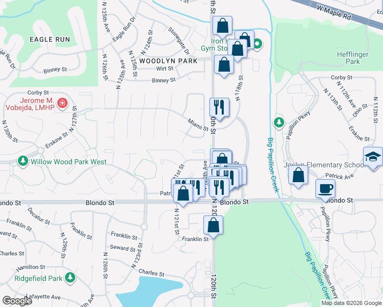 map of restaurants, bars, coffee shops, grocery stores, and more near 12067 Grant Street in Omaha