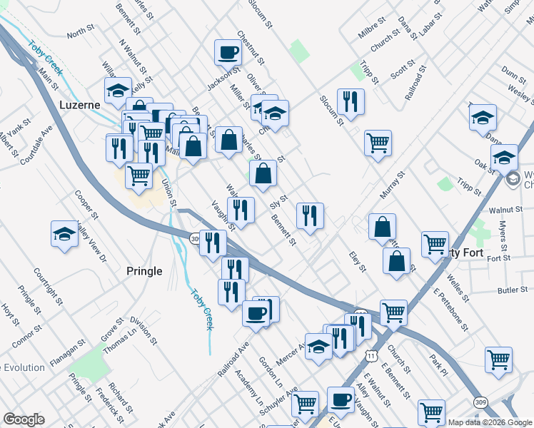 map of restaurants, bars, coffee shops, grocery stores, and more near 291-293 Walnut Street in Luzerne