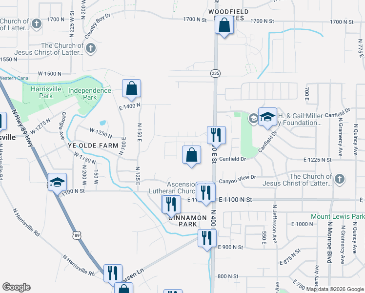 map of restaurants, bars, coffee shops, grocery stores, and more near 1249 North 300 West in Harrisville