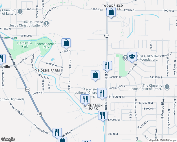 map of restaurants, bars, coffee shops, grocery stores, and more near 1162 North 240 East in Harrisville