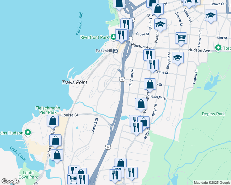 map of restaurants, bars, coffee shops, grocery stores, and more near 2 Colonial Road in Peekskill