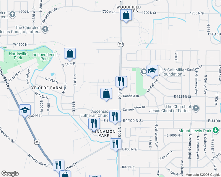 map of restaurants, bars, coffee shops, grocery stores, and more near 350 North Street in Harrisville