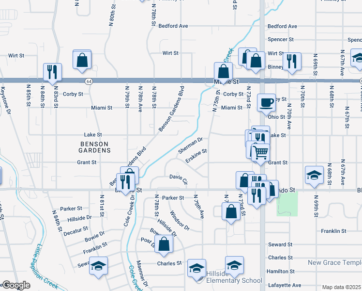 map of restaurants, bars, coffee shops, grocery stores, and more near 7636 Sherman Drive in Omaha