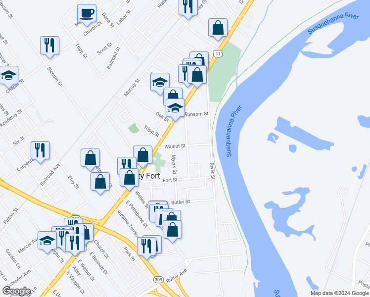 map of restaurants, bars, coffee shops, grocery stores, and more near 55 Walnut Street in Kingston