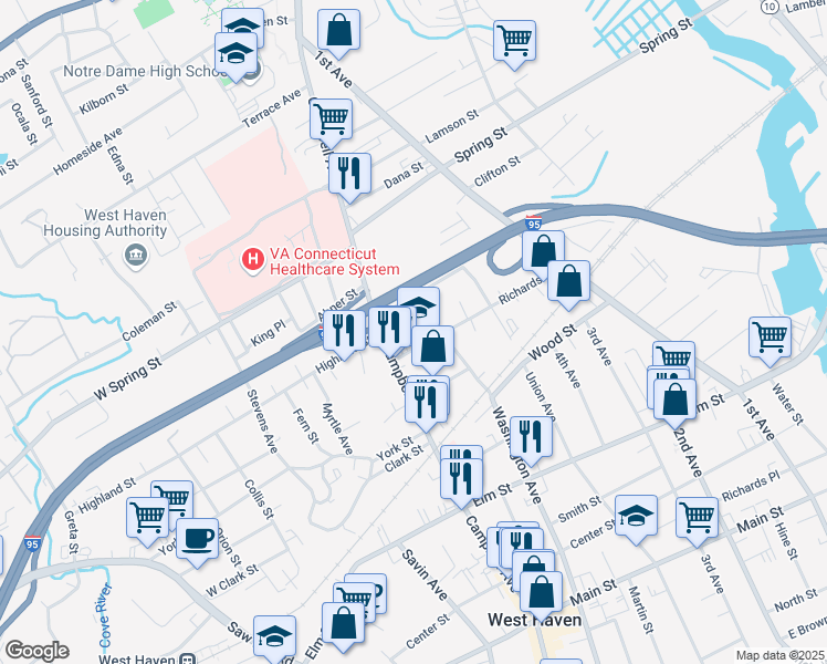 map of restaurants, bars, coffee shops, grocery stores, and more near 165 Richards Street in West Haven