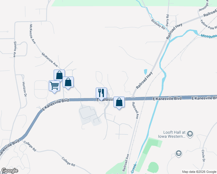 map of restaurants, bars, coffee shops, grocery stores, and more near 2704 East Kanesville Boulevard in Council Bluffs